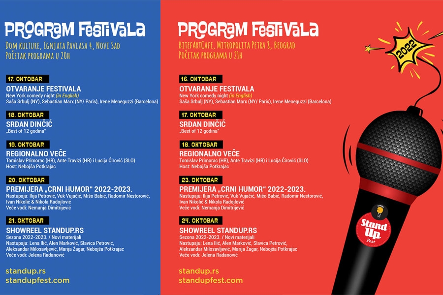 StandUpFest 2022 XII međunarodni festival stand up komedije Od 16 - 24. oktobra 2022. godine U dva grada Beograd i Novi Sad